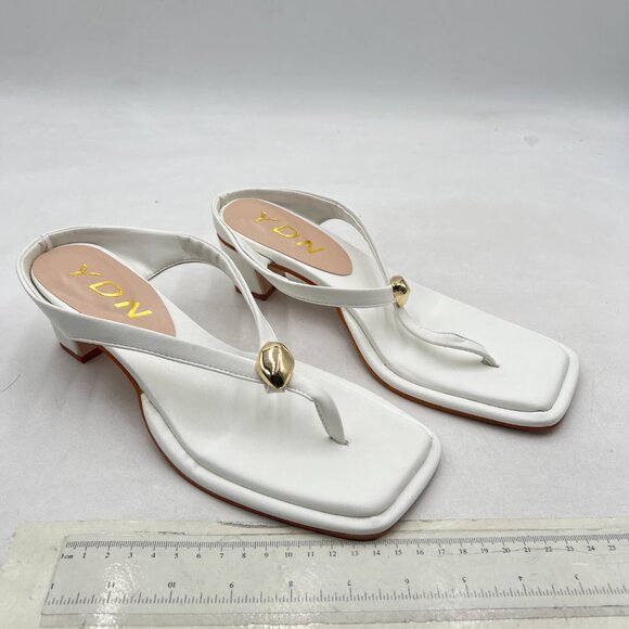 YDN White Square Toe Flip Flops Low Chunky Heels Slip On Thong Dressy Sandals - Picture 4 of 8
